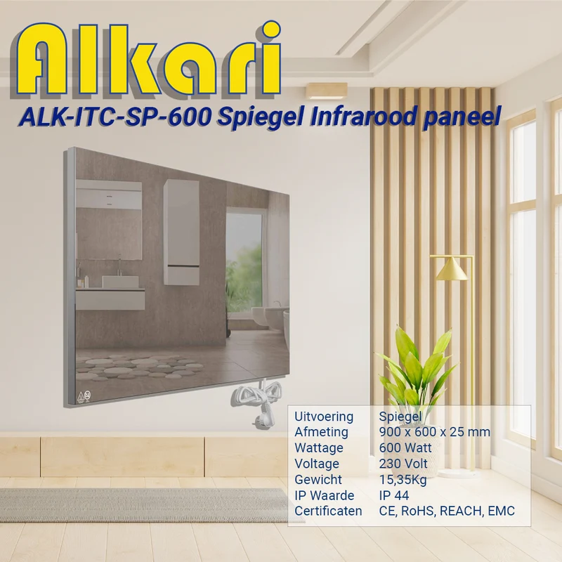 Alkari 600 Watt spiegel infraroodverwarming met ingebouwde thermostaat