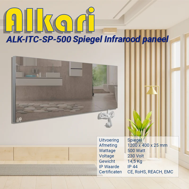 Alkari 500 Watt spiegel infraroodverwarming met ingebouwde thermostaat