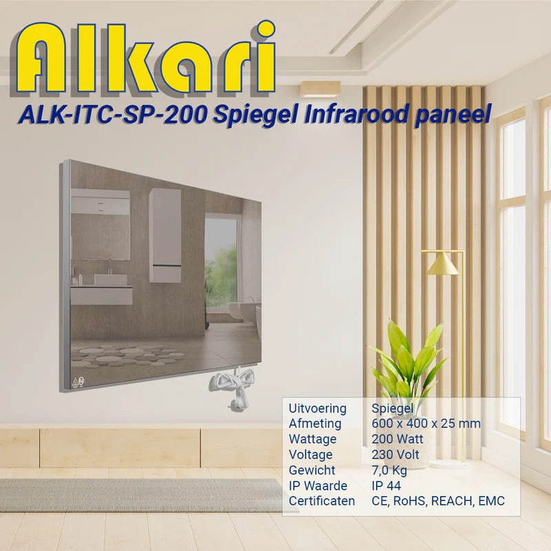 Alkari 200 Watt spiegel infraroodverwarming met ingebouwde thermostaat