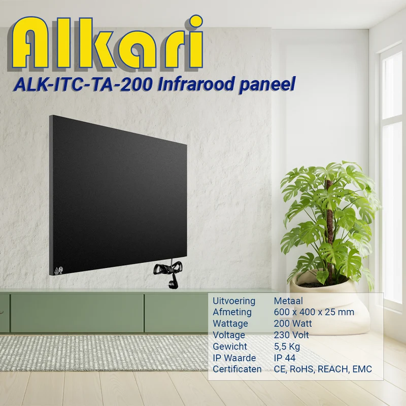 Alkari 200 Watt zwart metalen paneel met ingebouwde thermostaat