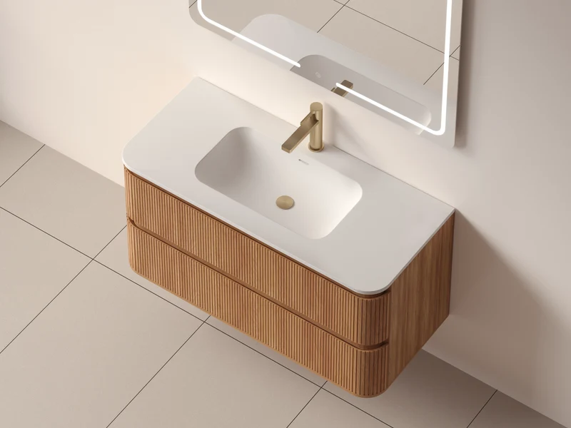 SanoBlu Bali afgerond wastafelmeubel 100 cm acacia met solid surface wastafel
