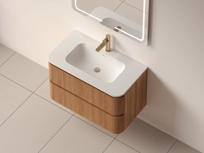 SanoBlu Bali afgerond wastafelmeubel 80 cm acacia met solid surface wastafel