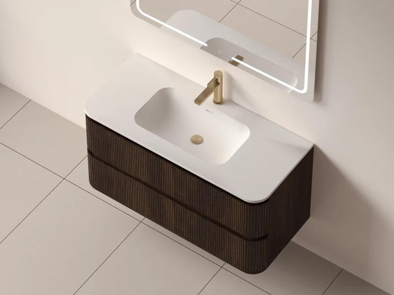 SanoBlu Bali afgerond wastafelmeubel 100 cm donker walnoot met solid surface wastafel