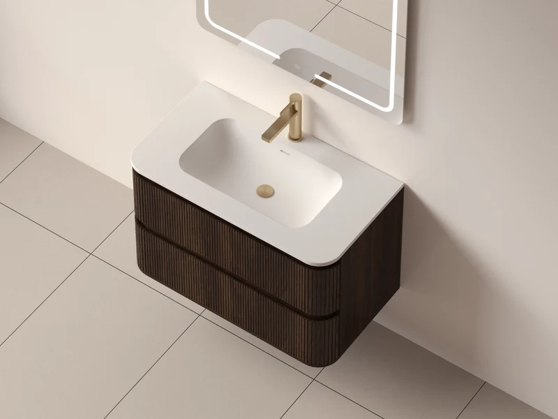 SanoBlu Bali afgerond wastafelmeubel 80 cm donker walnoot met solid surface wastafel