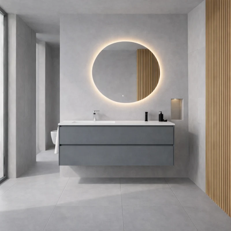 SanoBlu Pure wastafelmeubel 120 cm steenblauw met corian wastafel wasbak links