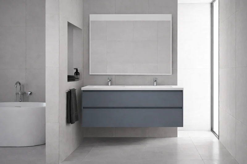 SanoBlu Pure wastafelmeubel 120 cm steenblauw met corian dubbele wastafel