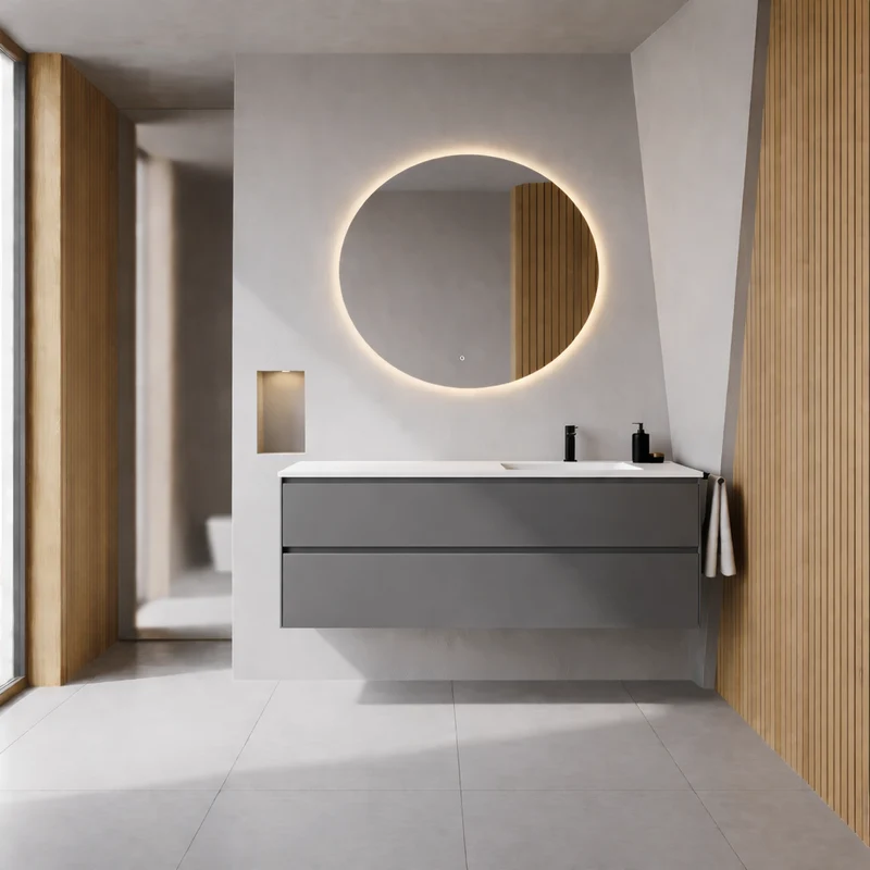 SanoBlu Pure wastafelmeubel 120 cm steengrijs met corian wastafel wasbak rechts