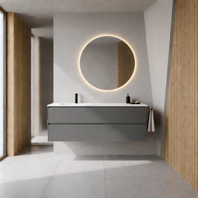 SanoBlu Pure wastafelmeubel 120 cm steengrijs met corian wastafel wasbak links