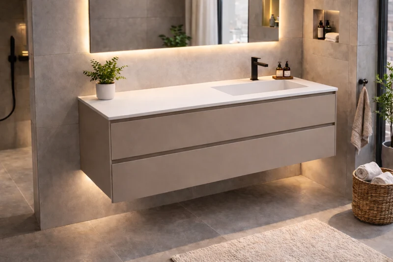 SanoBlu Pure wastafelmeubel 120 cm cacao bruin met corian wastafel wasbak rechts