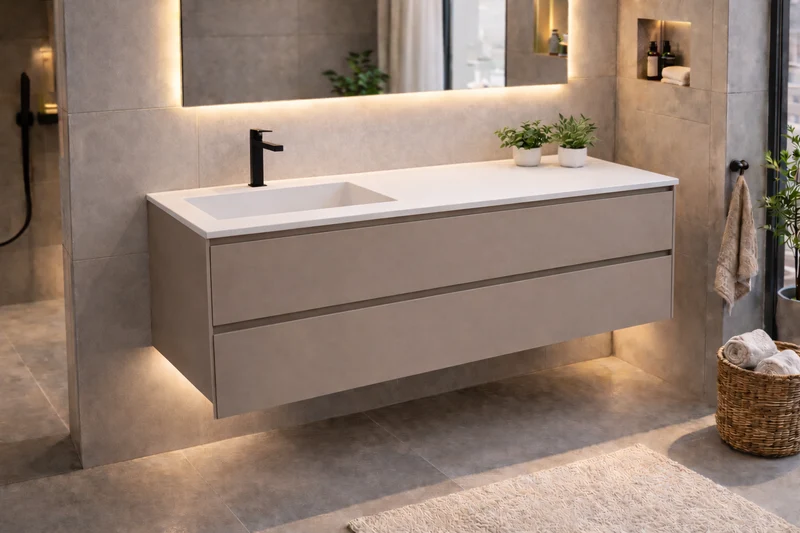SanoBlu Pure wastafelmeubel 120 cm cacao bruin met corian wastafel wasbak links