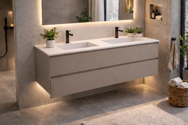 SanoBlu Pure wastafelmeubel 120 cm cacao bruin met corian dubbele wastafel