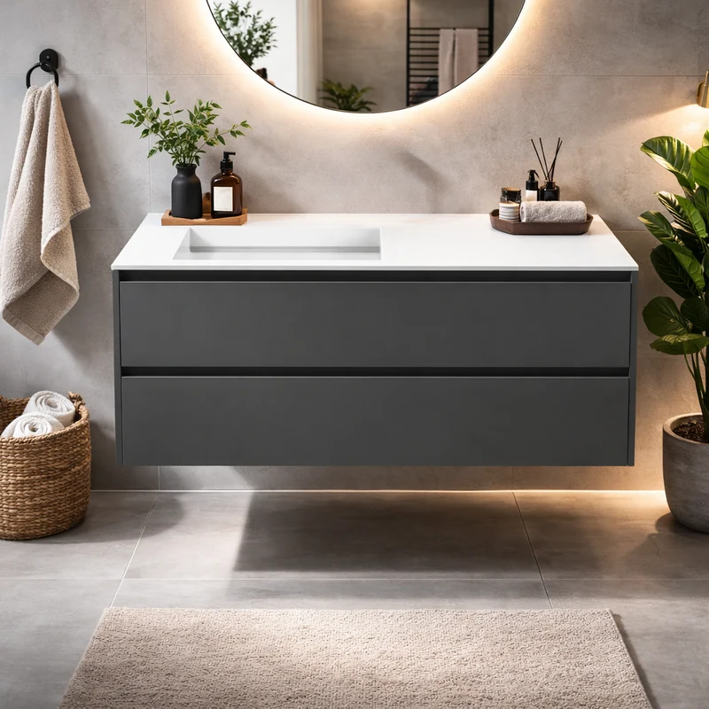 SanoBlu Pure wastafelmeubel 120 cm antracietgrijs met corian wastafel wasbak links