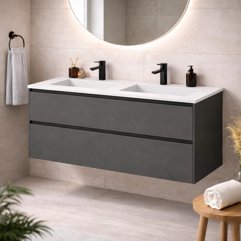 SanoBlu Pure wastafelmeubel 120 cm antracietgrijs met corian dubbele wastafel