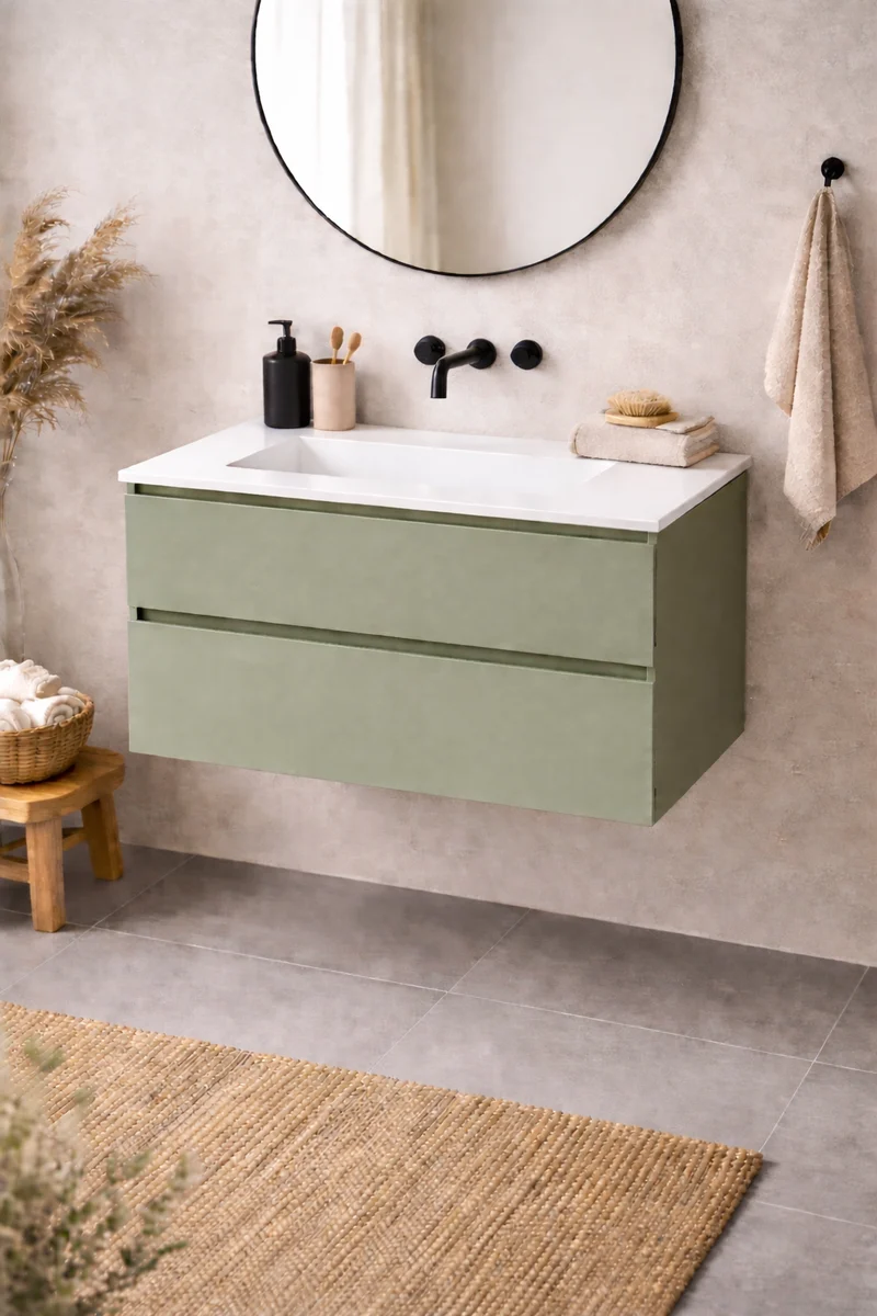 SanoBlu Pure wastafelmeubel 100 cm savanne groen met corian wastafel