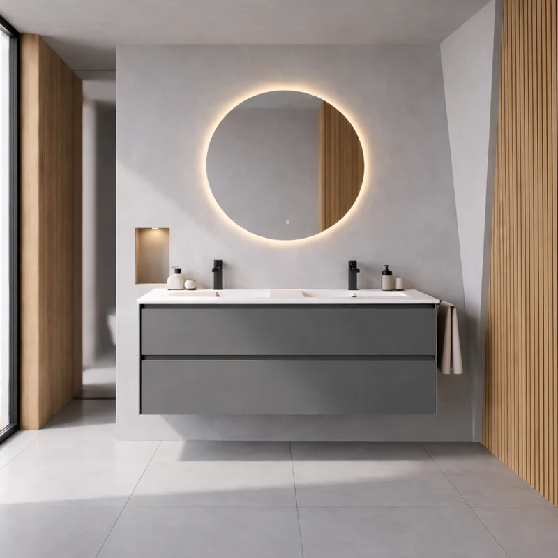 SanoBlu Pure wastafelmeubel 120 cm steengrijs met dubbele keramische wastafel