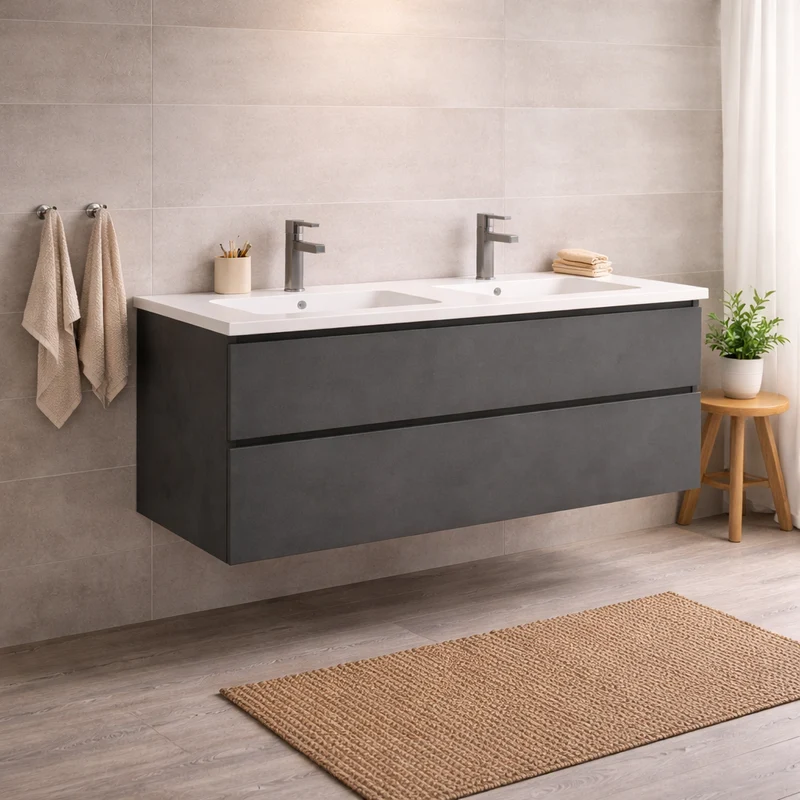 SanoBlu Pure wastafelmeubel 120 cm antracietgrijs met dubbele keramische wastafel
