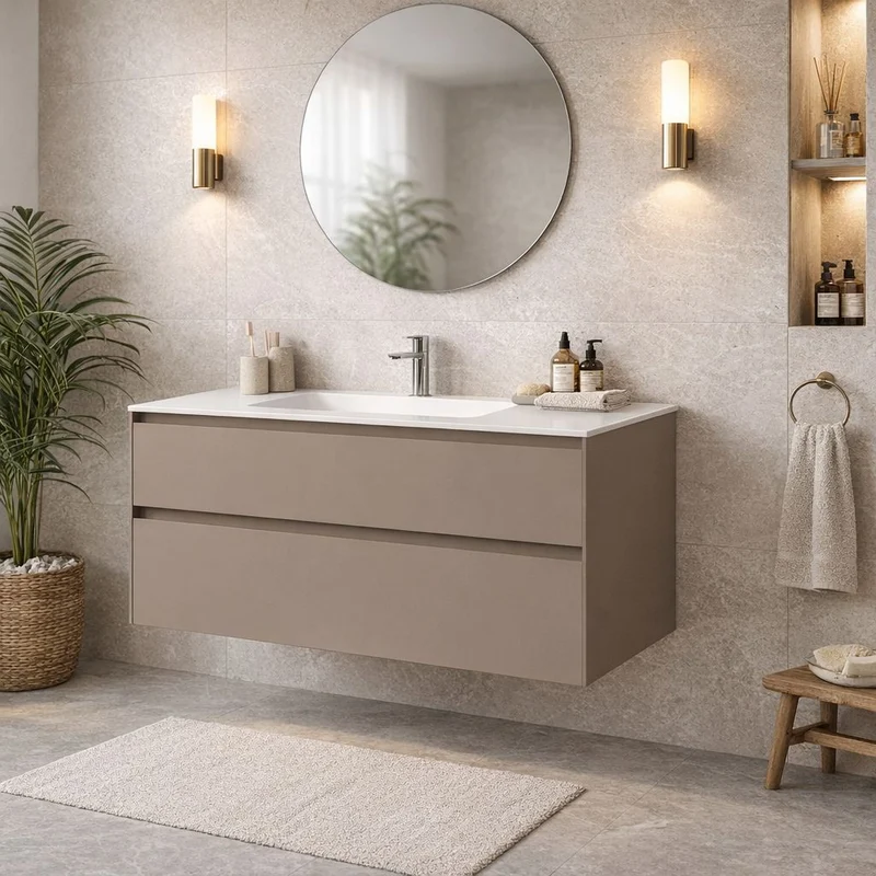 SanoBlu Pure wastafelmeubel 100 cm cacao bruin met solid surface wastafel