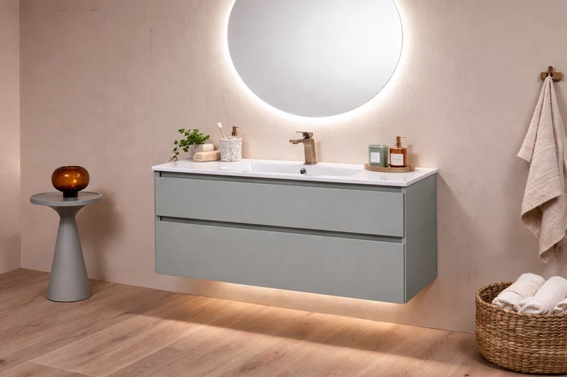 SanoBlu Pure wastafelmeubel 100 cm savanne groen met keramische wastafel