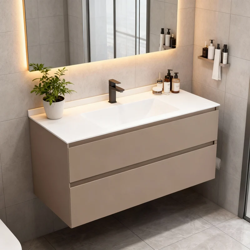SanoBlu Pure wastafelmeubel 80 cm cacao bruin met solid surface wastafel
