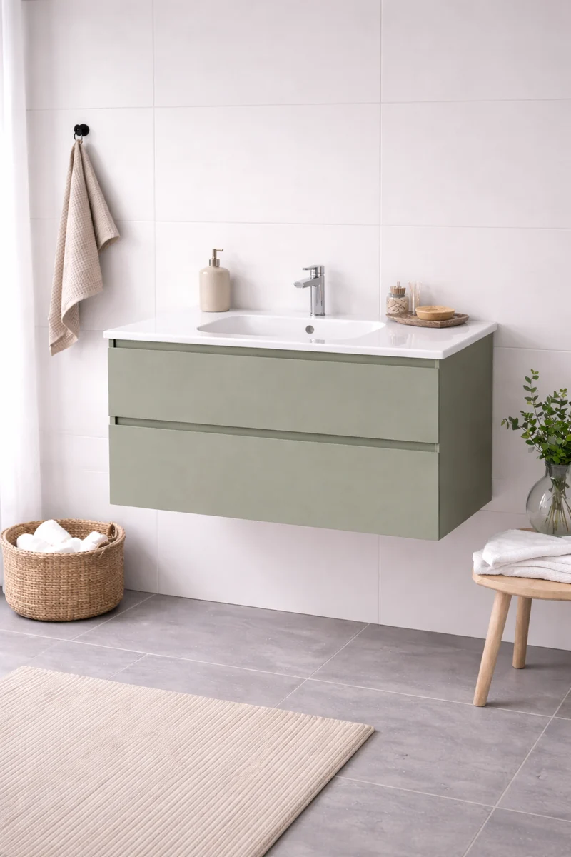 SanoBlu Pure wastafelmeubel 80 cm savanne groen met keramische wastafel