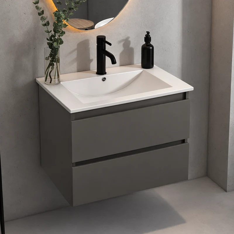 SanoBlu Pure wastafelmeubel 60 cm steengrijs met keramische wastafel