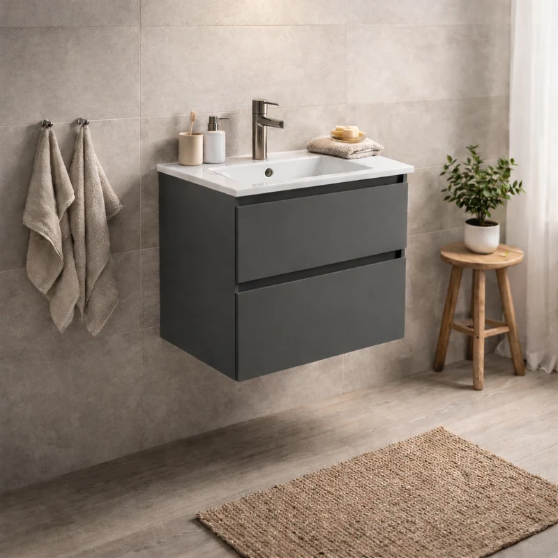 SanoBlu Pure wastafelmeubel 60 cm antracietgrijs met keramische wastafel