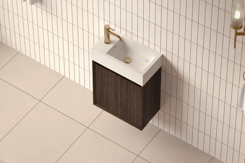 SanoBlu Mori toiletmeubel 45 cm donker walnoot met solid surface fontein wit zonder LED spiegel