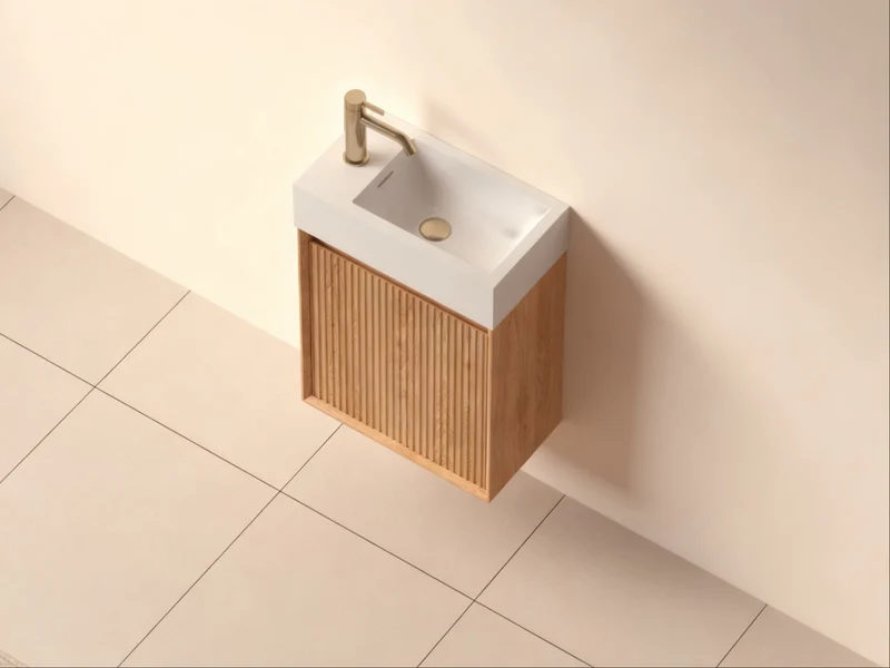 SanoBlu Mori toiletmeubel 45 cm acacia met solid surface fontein wit zonder LED spiegel