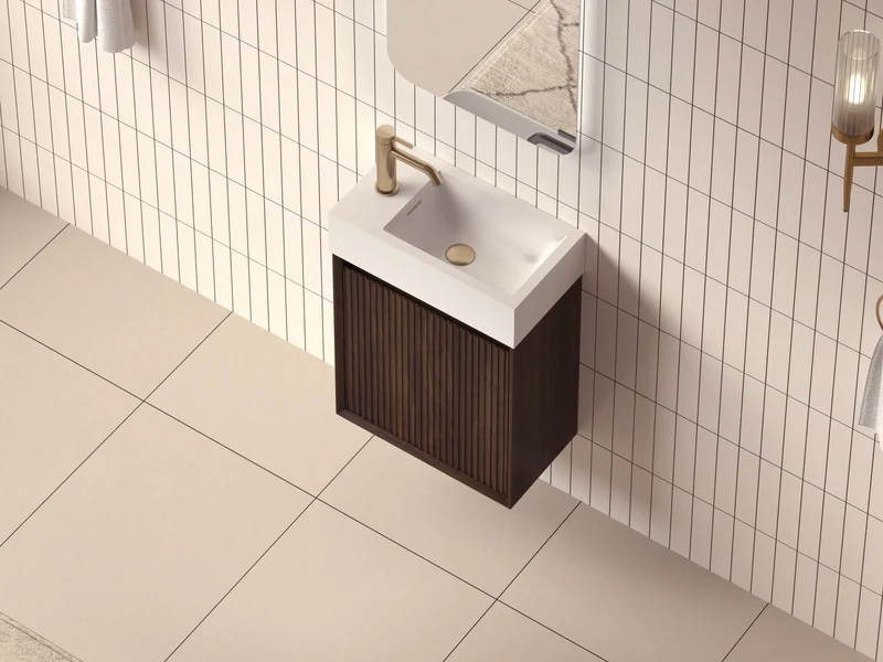 SanoBlu Mori toiletmeubel 45 cm donker walnoot met solid surface fontein wit met LED spiegel