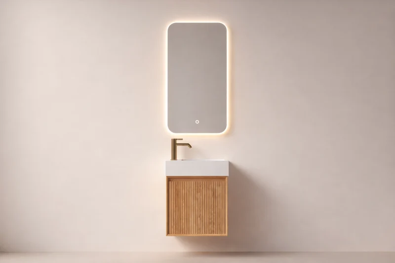 SanoBlu Mori toiletmeubel 45 cm acacia met solid surface fontein wit met LED spiegel