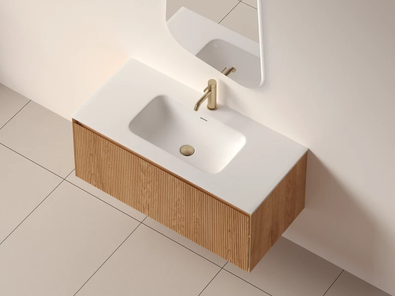 SanoBlu Lima wastafelmeubel 100 cm licht walnoot met solid surface wastafel