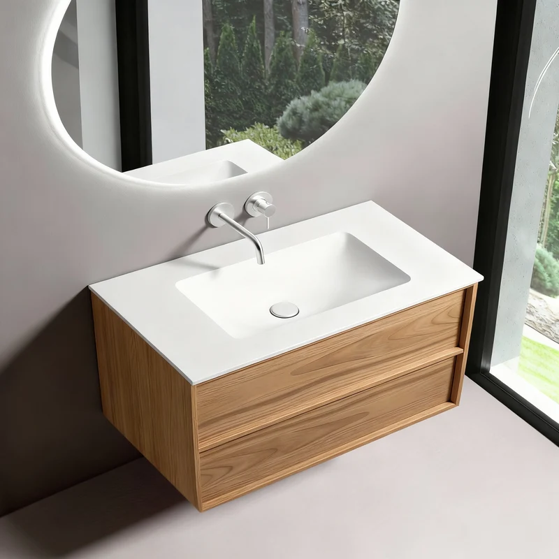 SanoBlu Riva wastafelmeubel 120 cm echt eikenfineer naturel met solid surface wastafel