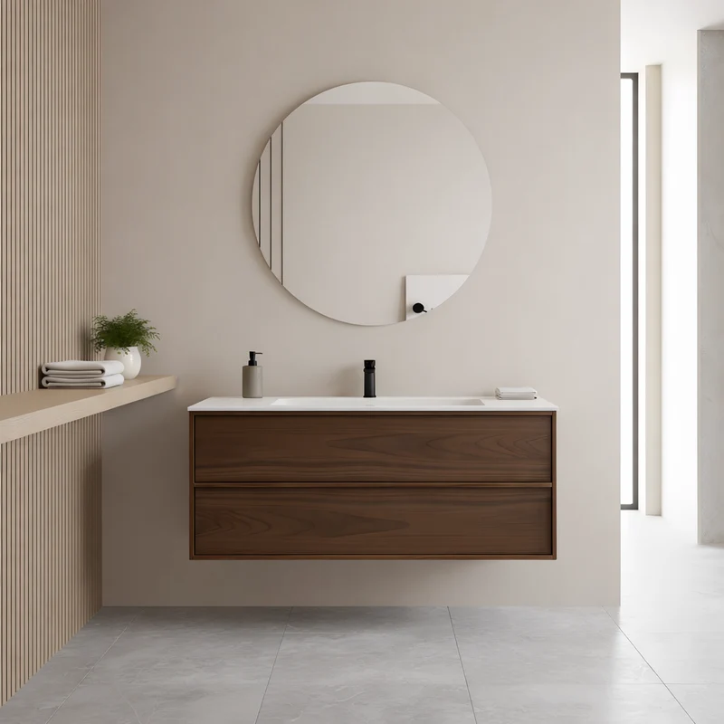 SanoBlu Riva wastafelmeubel 120 cm echt eikenfineer bruin met solid surface wastafel