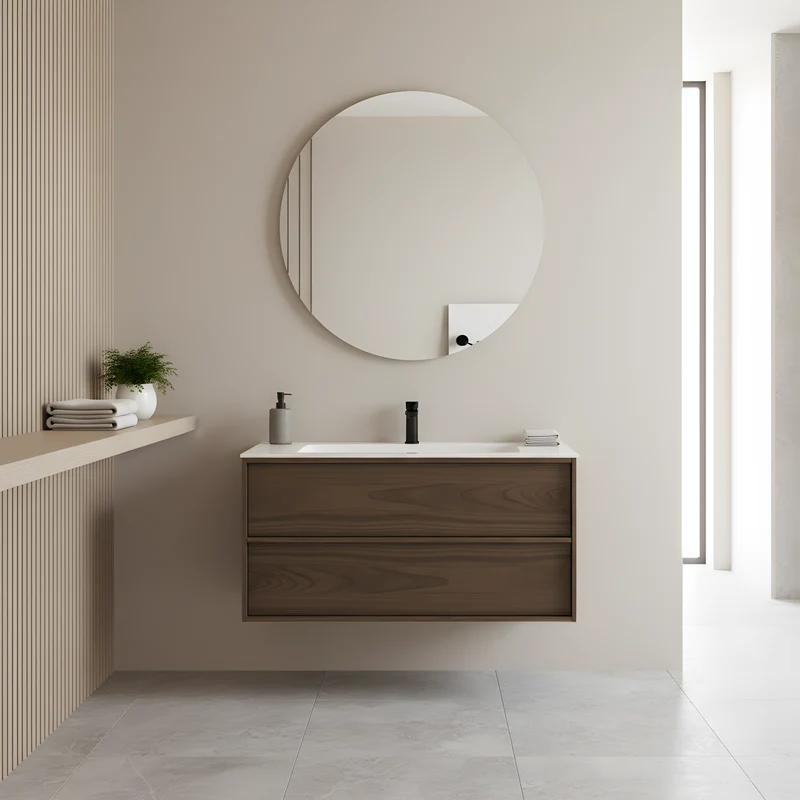 SanoBlu Riva wastafelmeubel 100 cm echt eikenfineer bruin met solid surface wastafel