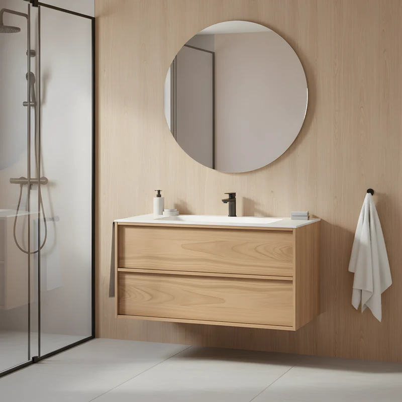 SanoBlu Riva wastafelmeubel 80 cm echt eikenfineer naturel met solid surface wastafel