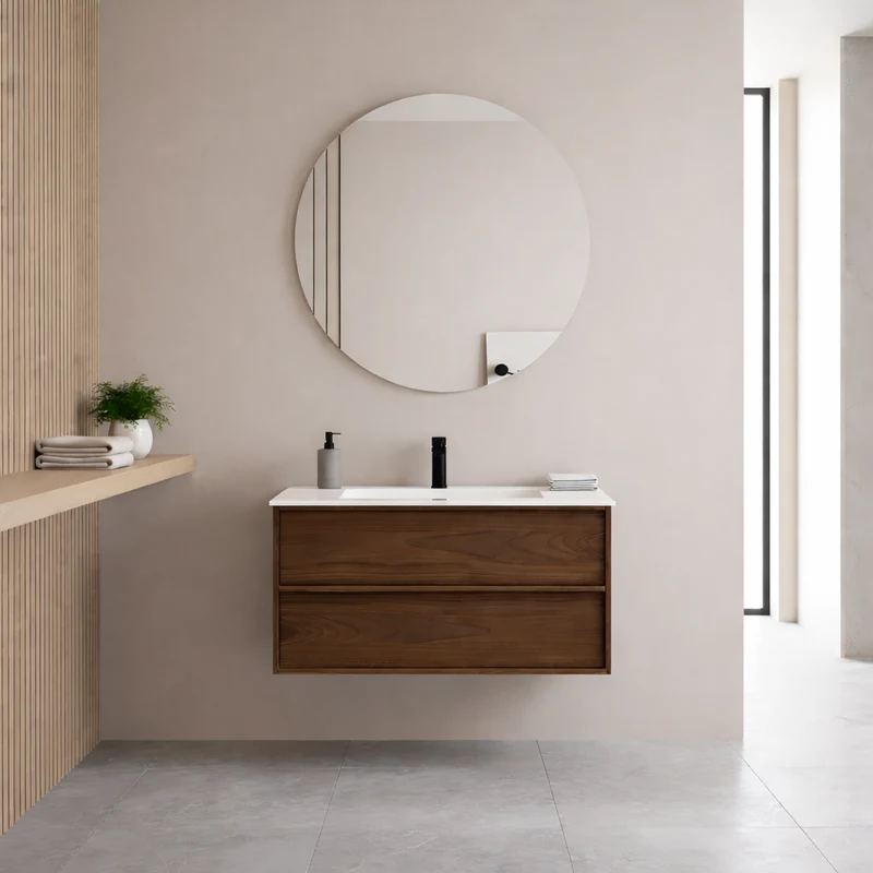 SanoBlu Riva wastafelmeubel 80 cm echt eikenfineer bruin met solid surface wastafel