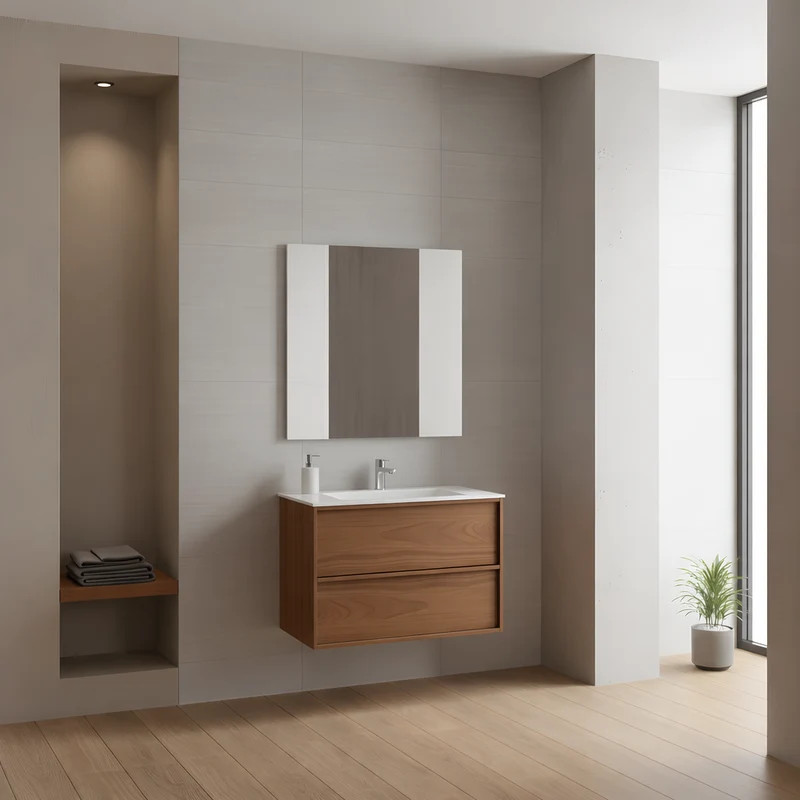 SanoBlu Riva wastafelmeubel 60 cm echt eikenfineer koper met solid surface wastafel