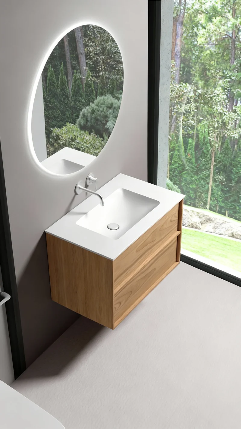 SanoBlu Riva wastafelmeubel 60 cm echt eikenfineer naturel met solid surface wastafel