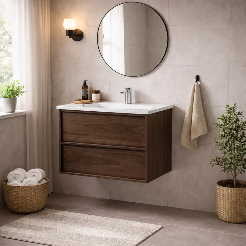 SanoBlu Riva wastafelmeubel 60 cm echt eikenfineer bruin met solid surface wastafel