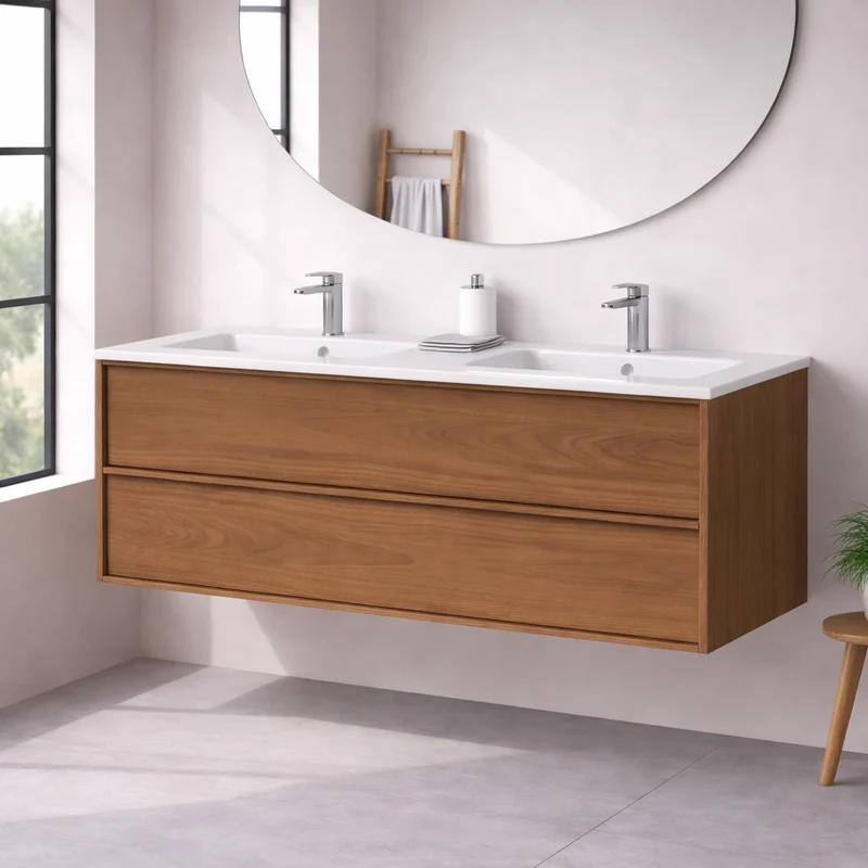SanoBlu Riva wastafelmeubel 120 cm echt eikenfineer koper met dubbele keramische wastafel