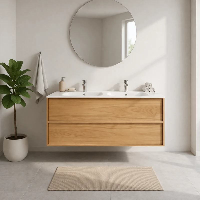 SanoBlu Riva wastafelmeubel 120 cm echt eikenfineer naturel met dubbele keramische wastafel
