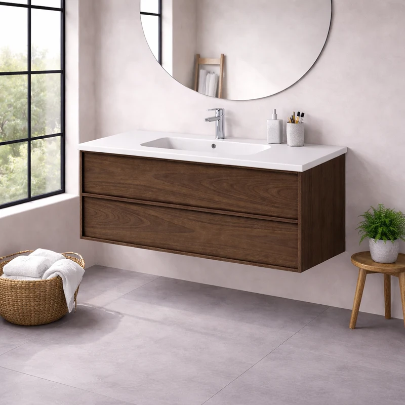 SanoBlu Riva wastafelmeubel 120 cm echt eikenfineer bruin met keramische wastafel