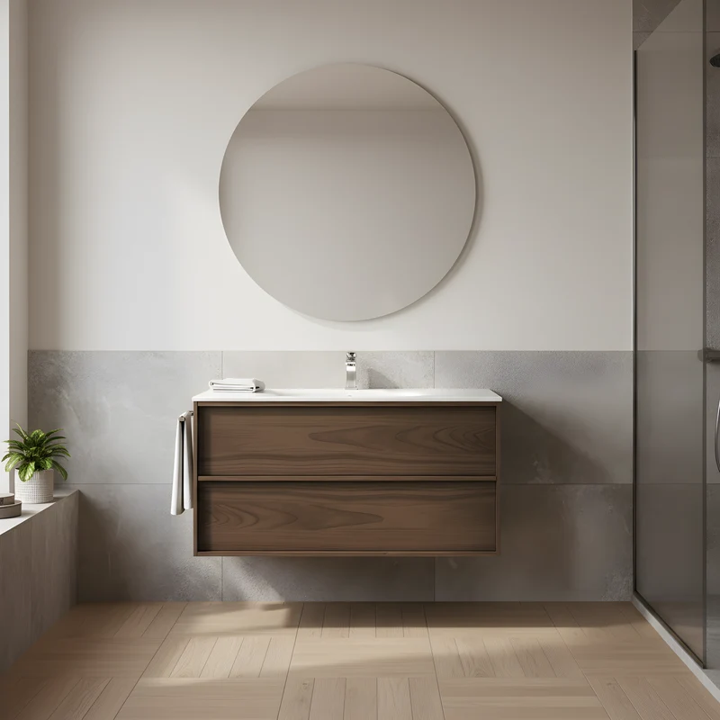 SanoBlu Riva wastafelmeubel 100 cm echt eikenfineer bruin met keramische wastafel