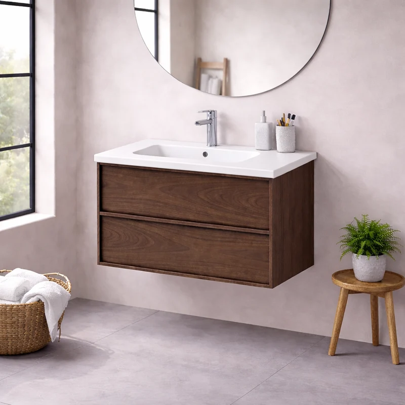 SanoBlu Riva wastafelmeubel 80 cm echt eikenfineer bruin met keramische wastafel