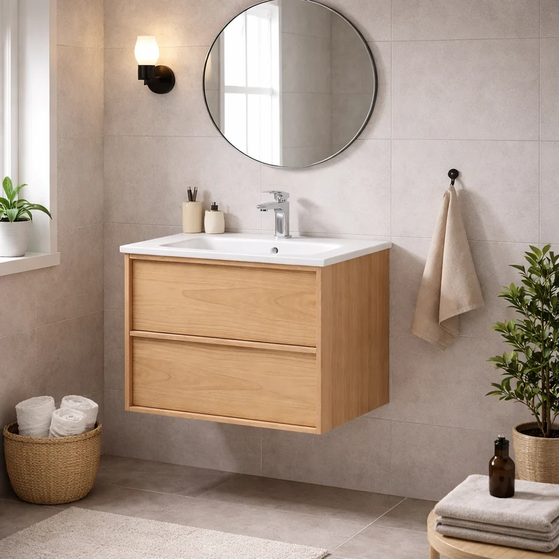 SanoBlu Riva wastafelmeubel 60 cm echt eikenfineer naturel met keramische wastafel