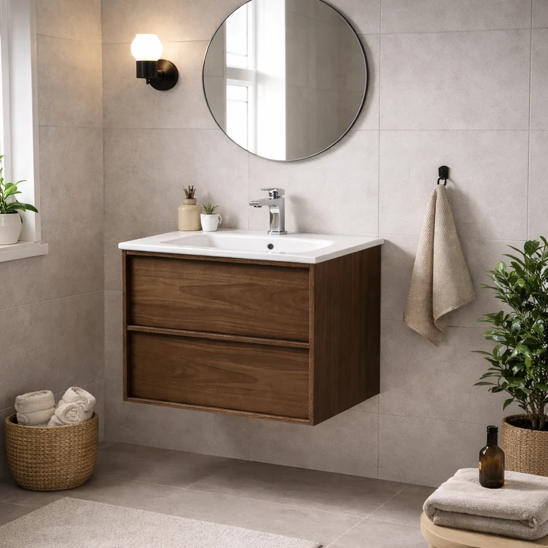 SanoBlu Riva wastafelmeubel 60 cm echt eikenfineer bruin met keramische wastafel