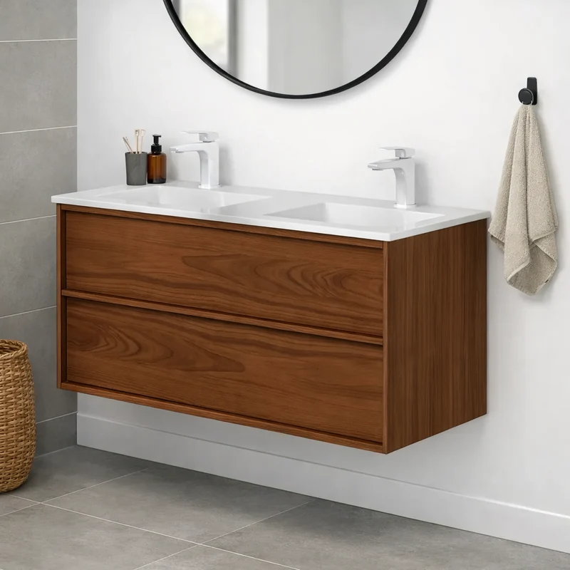 SanoBlu Riva wastafelmeubel 120 cm echt eikenfineer koper met corian dubbele wastafel