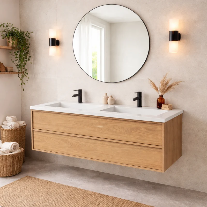 SanoBlu Riva wastafelmeubel 120 cm echt eikenfineer naturel met corian dubbele wastafel