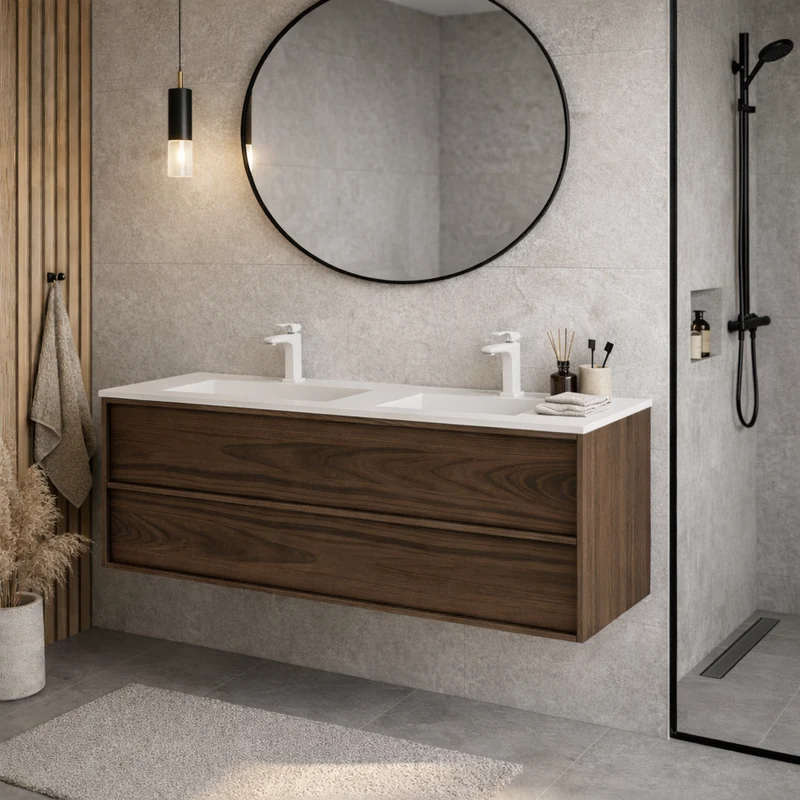 SanoBlu Riva wastafelmeubel 120 cm echt eikenfineer bruin met corian dubbele wastafel
