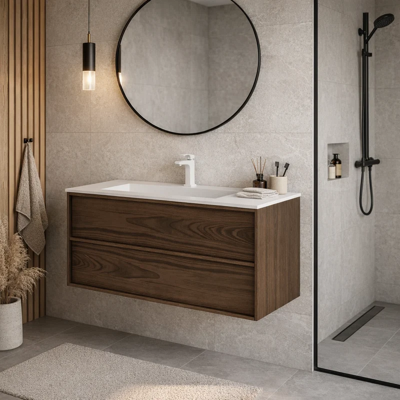 SanoBlu Riva wastafelmeubel 100 cm echt eikenfineer bruin met corian wastafel